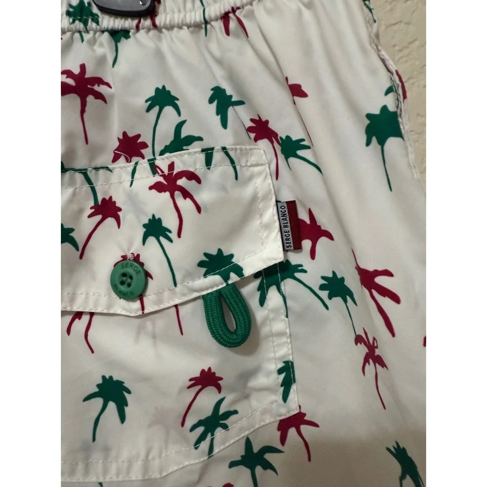 Serge Blanco Mens 2XL White Swim Trunks Palm Tree Print Drawstring Shorts‎